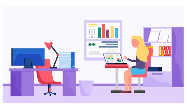 Mujer prepara un informe de progreso Personaje femenino sentado en una mesa con una computadora portátil en la sala de oficina Chica en el lugar de trabajo haciendo una presentación con datos e información con diagrama e indicadores