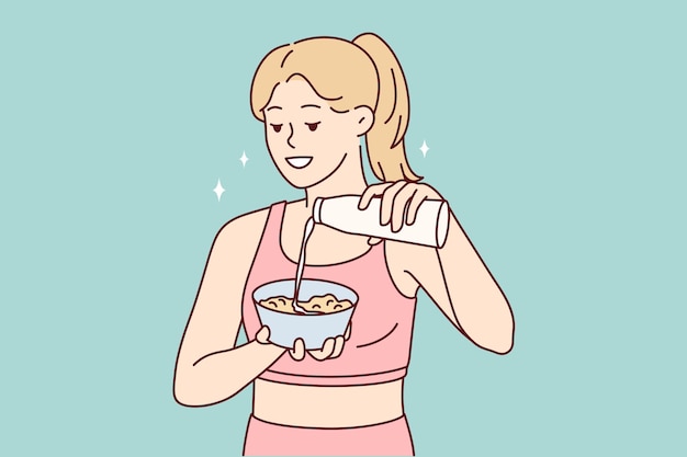 Mujer preparando un desayuno saludable agregando leche al plato después de hacer ejercicio o deportes por la mañana imagen vectorial