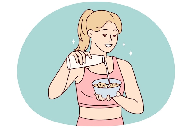 Mujer preparando un desayuno saludable agregando leche al plato después de la mañana fitness o imágenes vectoriales de deportes