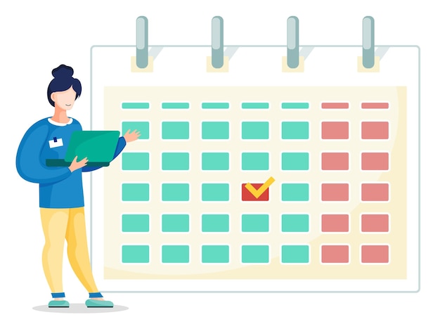 Vector mujer preparándose para enviar un informe de progreso personaje de pie cerca de un gran horario o calendario niña presentando un tablero con datos e información en forma visual página con lista en forma de tabla de estilo plano