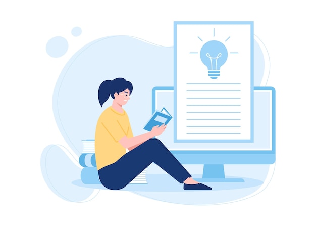 mujer preparándose para un examen en línea leyendo un libro concepto ilustración plana