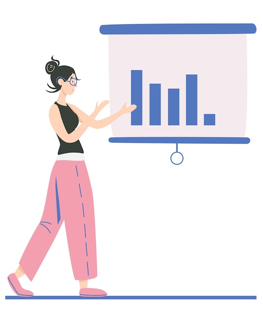 La mujer presenta un informe de progreso. Personaje de pie en el gran tablero apuntando a tablas y gráficos. Presentación del concepto de proyecto empresarial. Ilustración de vector plano.