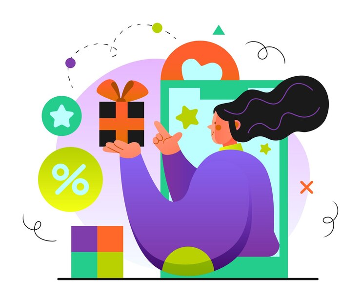 Vector mujer presentando una caja de regalos para un programa de recompensas