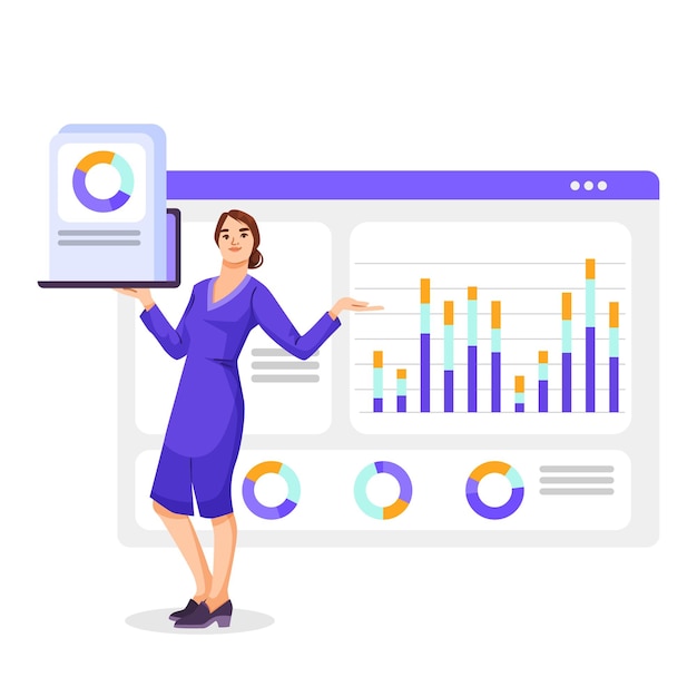 Mujer presentando datos frente a la ilustración vectorial del tablero de análisis