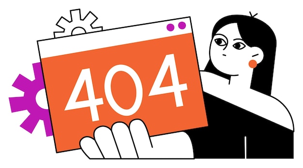 Mujer presentando el signo de error 404 con engranajes