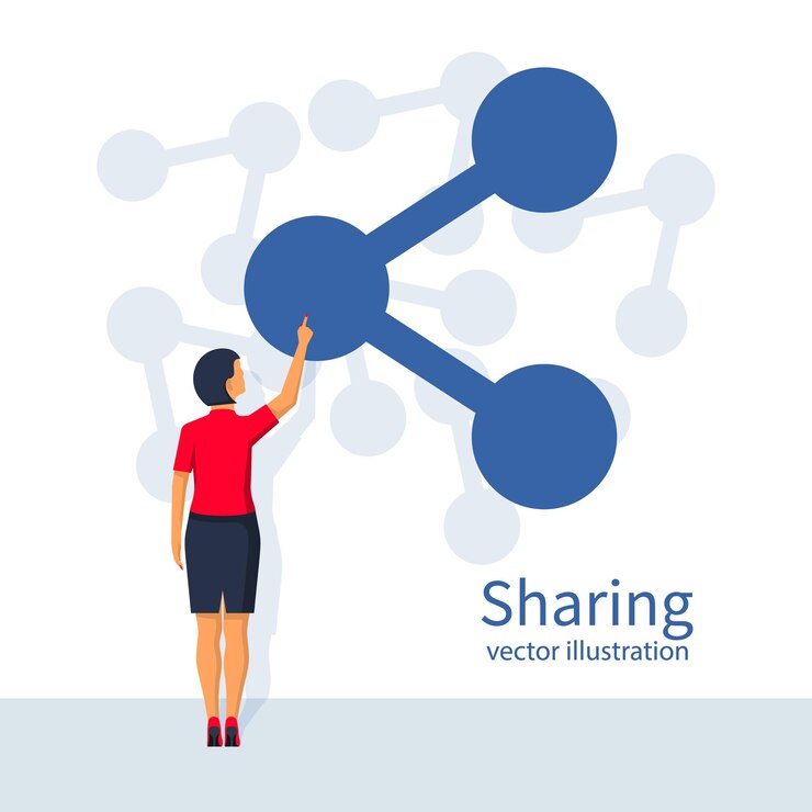 Vector la mujer presiona el botón para compartir con la mano. compartir icono. diseño plano de ilustración vectorial. aislado sobre fondo blanco. concepto de redes sociales. tecnologías digitales.