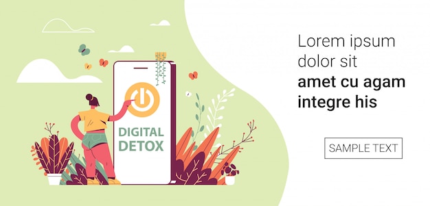 Mujer presione el botón de encendido en la pantalla del teléfono inteligente concepto de vacaciones de desintoxicación digital