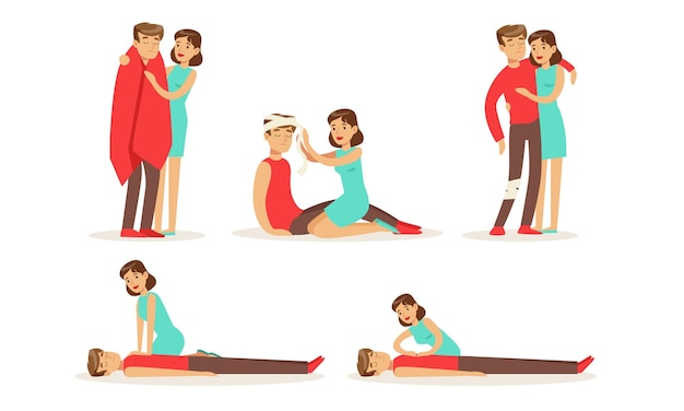 Una mujer presta primeros auxilios a un hombre Ilustración vectorial