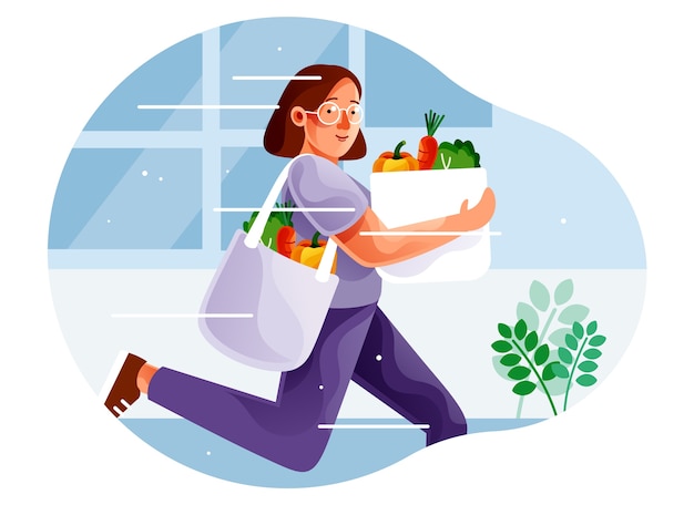 Mujer prisa compras verduras saludables