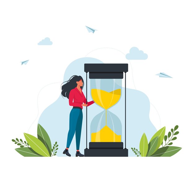 Mujer de prisa y cronómetro. Concepto de gestión del tiempo, planificación eficaz para el trabajo productivo, tarea estresante, fecha límite, cuenta atrás. Ilustración de vector colorido plano moderno para cartel, banner.