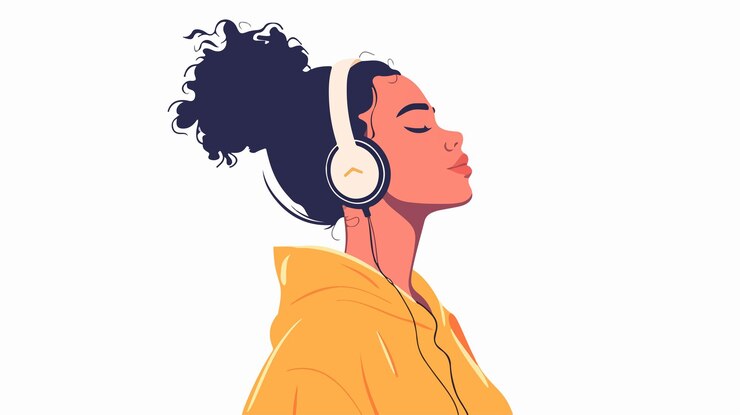 Vector mujer profesional disfrutando de la música podcast de audiolibro radio