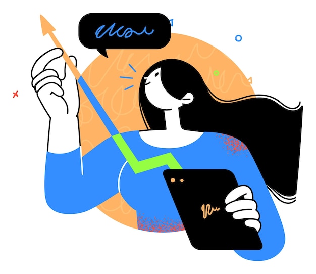 Mujer profesional ilustrada haciendo una lluvia de ideas con un lápiz y un bloc de notas que irradia creatividad