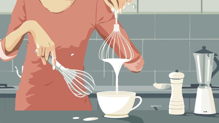 Vector una mujer profesional que usa una mini espuma para batir la leche en una taza