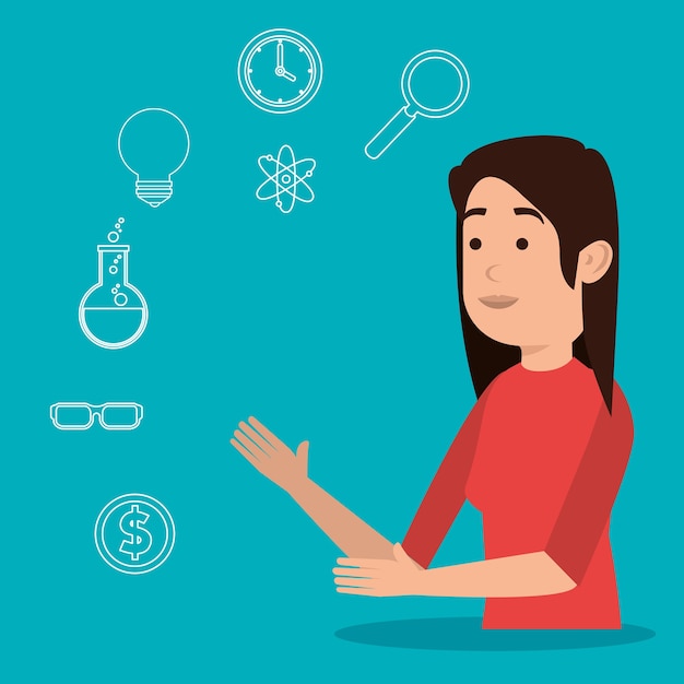 mujer profesora con iconos de educación