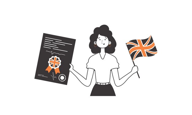 Mujer profesora de inglés el concepto de aprender un idioma extranjero estilo lineal ilustración vectorial aislada