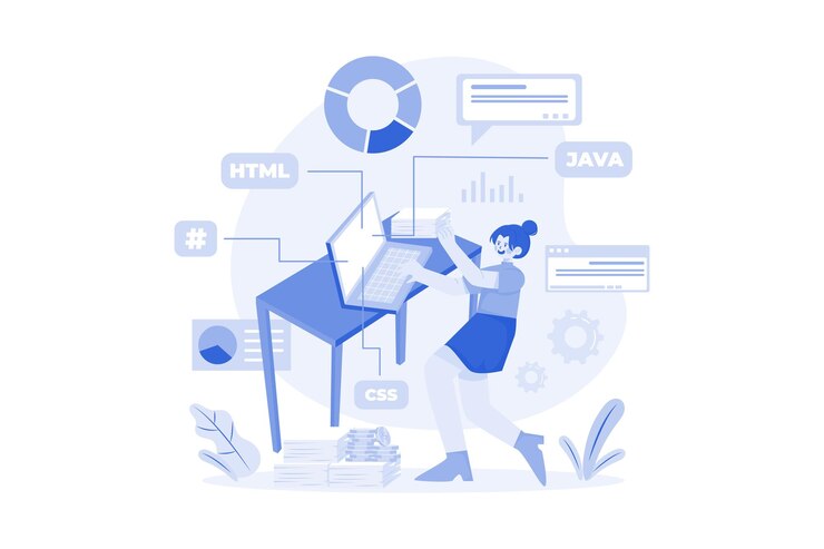Vector mujer programando en una computadora portátil
