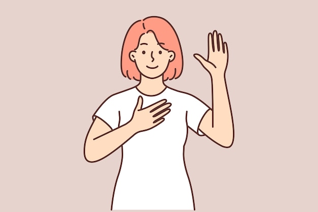 La mujer promete decir la verdad o hace un juramento solemne y jura con la mano sobre el corazón y levantando la palma