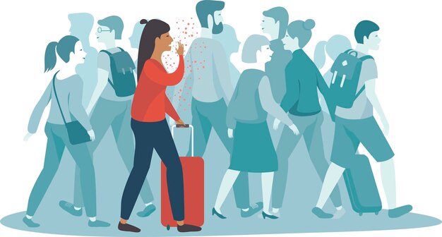 Mujer propagando infección en lugar público covid19 concepto ilustración vectorial plana