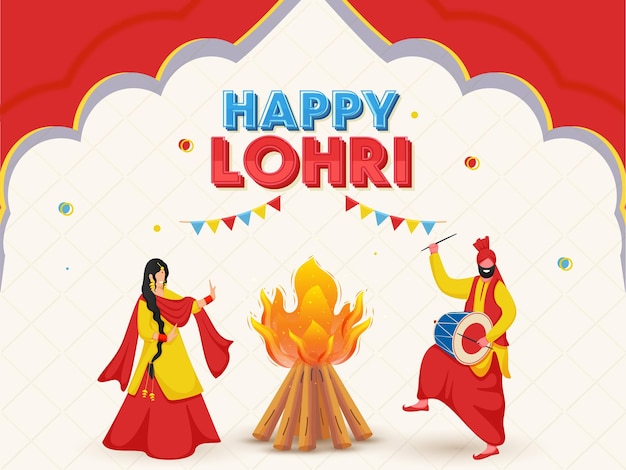 Mujer Punjabi haciendo Bhangra con el hombre tocando la ilustración de la hoguera del tambor Dhol en el fondo del patrón cruzado rojo y blanco para el concepto Happy Lohri