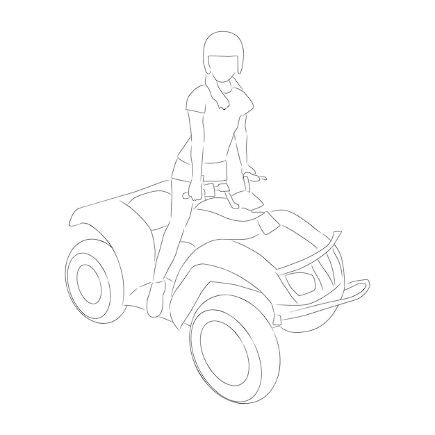 mujer, en, un, quad, bicicleta, vector, mano, dibujado, bosquejo