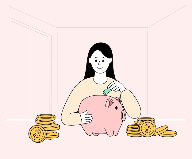 Una mujer que ahorra dinero para su futuro conjunto de ilustraciones Financiación de depósitos de gol de cerdo Dibujo vectorial