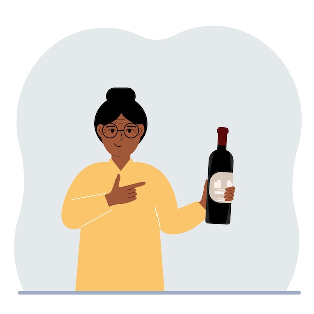 Vector una mujer que celebra sostiene una botella de vino en la mano concepto de degustación o celebración