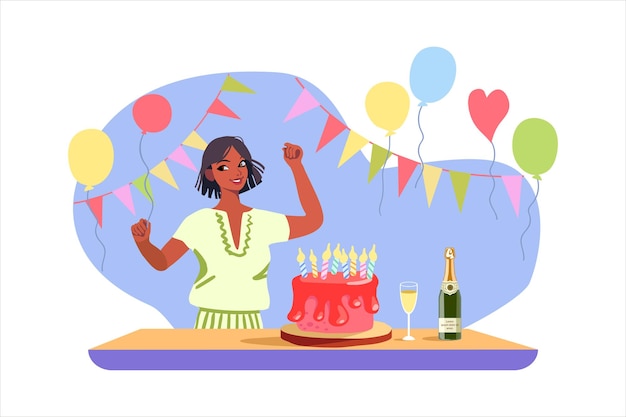 Una mujer que celebra su cumpleaños apaga una vela en una ilustración vectorial de pastel