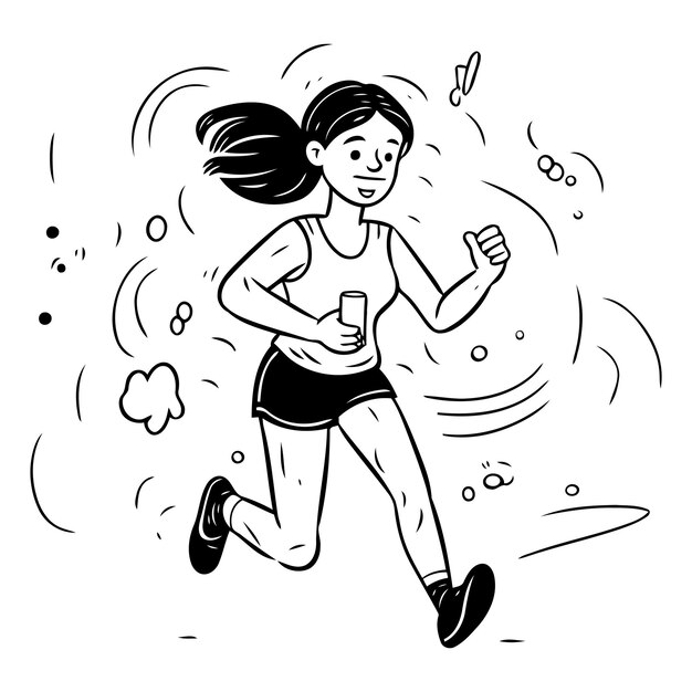 Vector mujer que corre estilo de vida saludable en estilo doodle