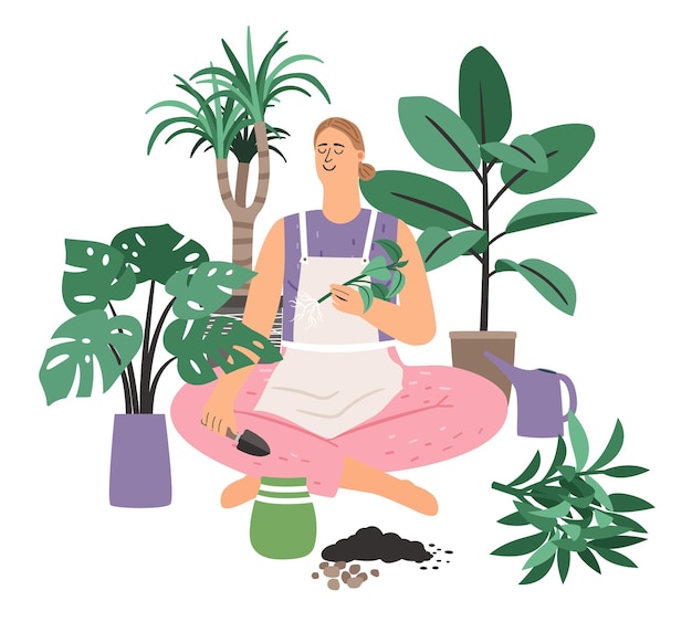 Vector mujer que cuida de plantas de interior naranjería doméstica y concepto de cuidado hobbie de jardinería