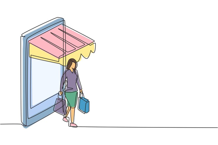 Vector mujer que dibuja una línea continua saliendo de la pantalla del teléfono inteligente con bolsas de compras