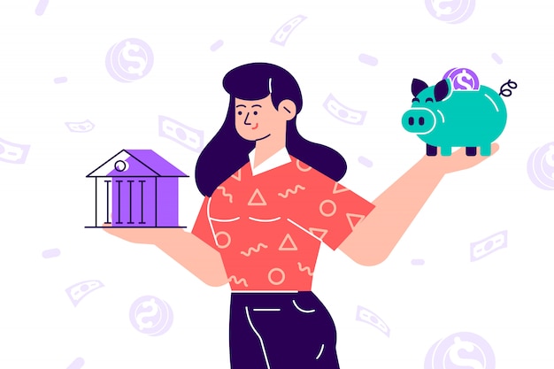 Mujer que elige entre el banco y la hucha. Presupuesto planificación concepto aislado clipart. Inversión y financiación de ahorro de dinero. Préstamo bancario y elección económica. Educación financiera. Ilustración plana
