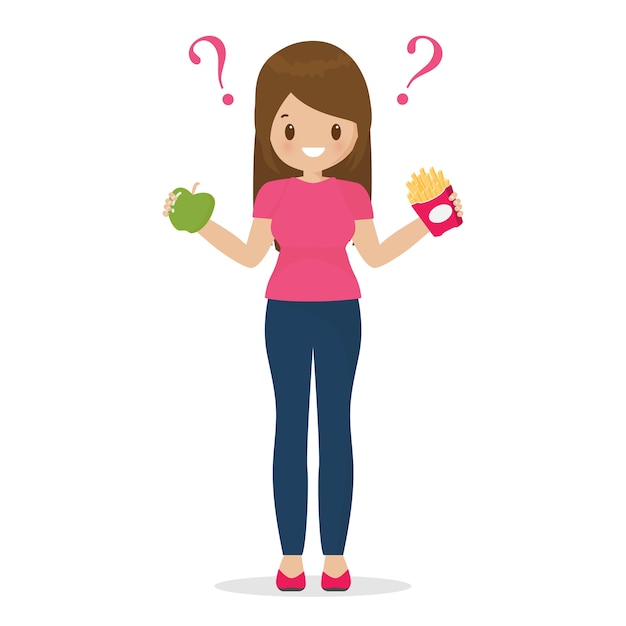 Mujer que elige concepto sano de la manzana y de las patatas fritas.