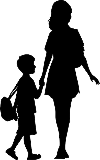 Una mujer que va a la escuela con su hijo silueta vectorial 2