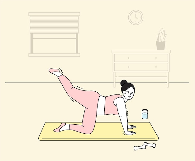 una mujer que hace ejercicio sola en casa para un conjunto de ilustraciones de dieta salud fitness yoga pilates