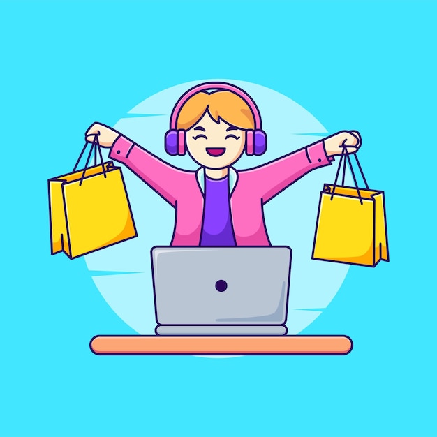 Vector mujer que lleva una bolsa de compras frente a la ilustración del vector de la computadora portátil. mujer de dibujos animados comprando en línea