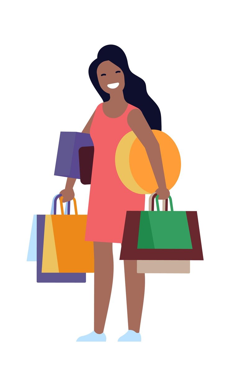 Vector mujer que lleva el bolso de compras con las compras. gran comprador de venta de temporada