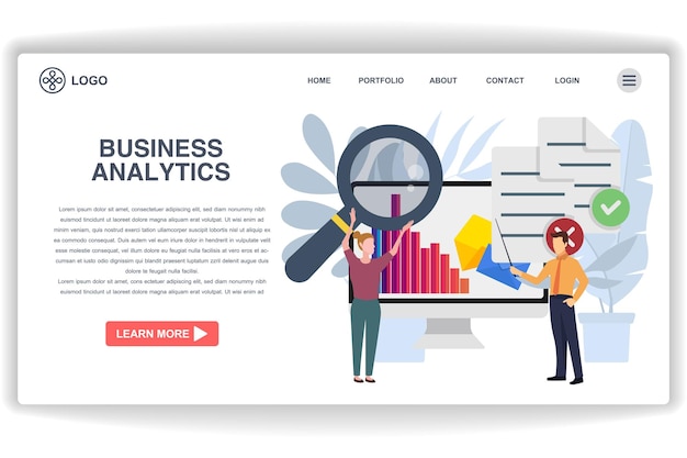 Una mujer que lleva una lupa página web Business Analytics Concepto de diseño plano moderno de diseño de páginas web para sitios web y sitios web móviles