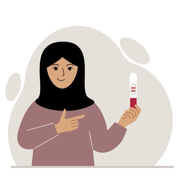 Una mujer que lleva un pañuelo tradicional islámico sonríe y mira el resultado positivo de una prueba de embarazo. Vector