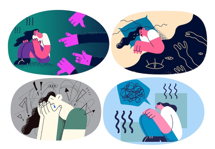 Vector la mujer que llora se siente rota después de un aborto espontáneo o espontáneo. mujer infeliz angustiada con depresión o ataque de pánico. trastorno mental y crisis nerviosa. ilustración de vector, personaje de dibujos animados. colocar.