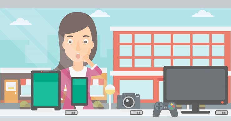 Vector mujer que mira la ventana de la tienda.