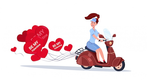 Mujer que monta la bici retra del motor con el concepto feliz del día de tarjetas del día de san valentín de los globos de aire en forma de corazón