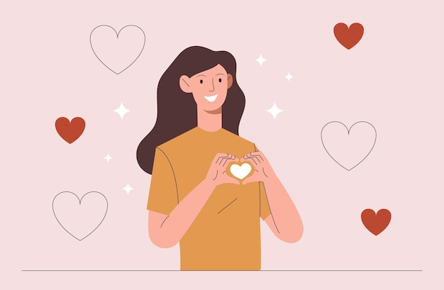 Vector mujer que muestra el corazón cartel o pancarta romántica de invitación para el día de san valentín coqueteo y emociones y gestos positivos cuidado y apoyo ternura y felicidad ilustración vectorial plana de dibujos animados