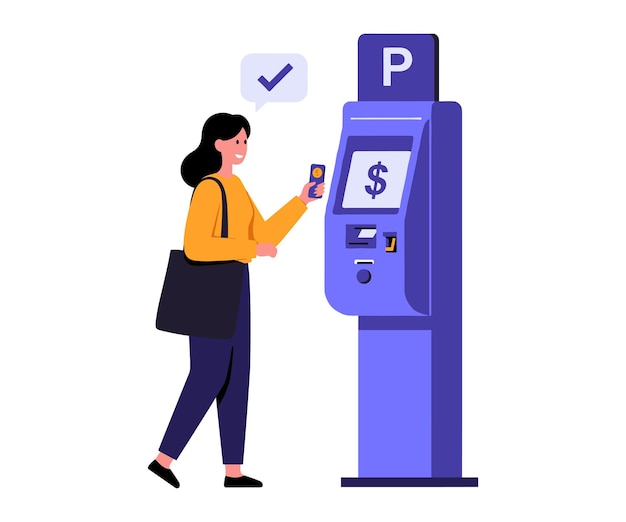 La mujer que paga el estacionamiento usando la ilustración vectorial del quiosco