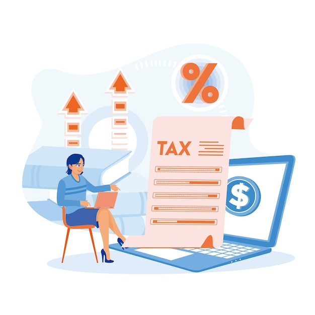 Mujer que planifica el presupuesto financiero Mujer contable que calcula y completa documentos fiscales en línea Concepto de auditoría fiscal Ilustración de vector plano