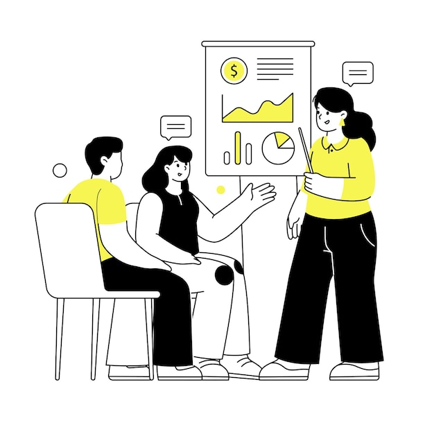 Mujer que presenta datos a sus socios ilustración vectorial plana dibujada a mano para tecnología financiera