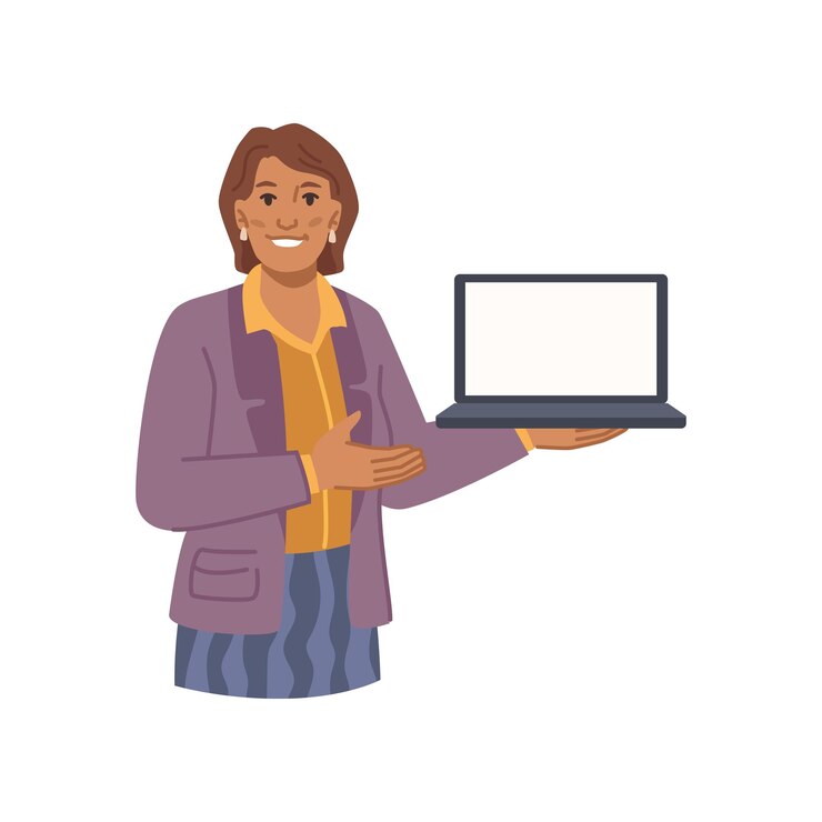 Vector mujer que presenta un nuevo producto en el vector de la computadora portátil