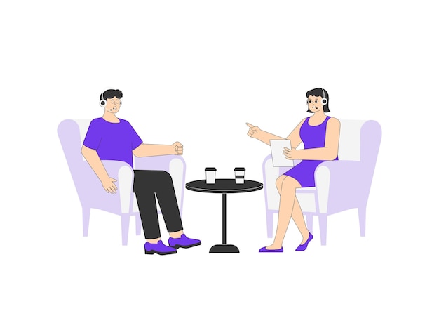 Mujer que presenta un podcast con una ilustración de un invitado masculino