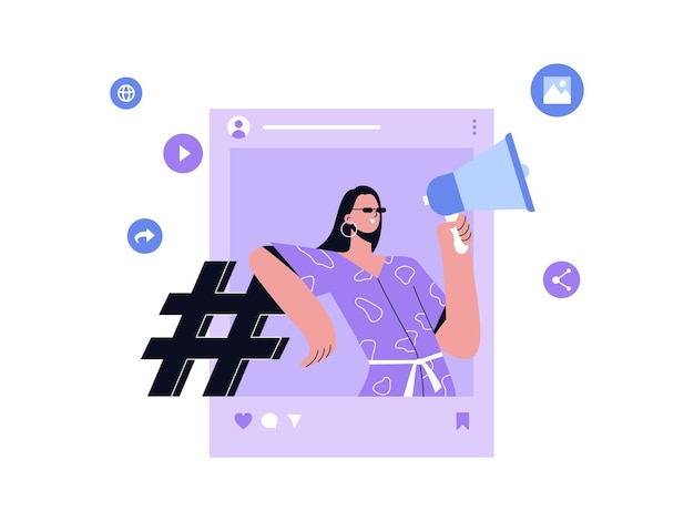 Mujer que promueve el marketing digital en Instagram ilustración vectorial plana dibujada a mano para redes sociales
