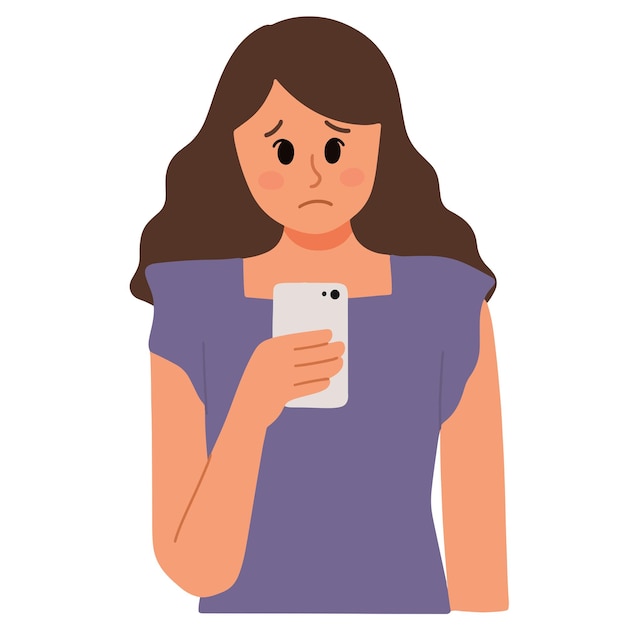 Una mujer que recibe noticias tristes en la ilustración de su teléfono