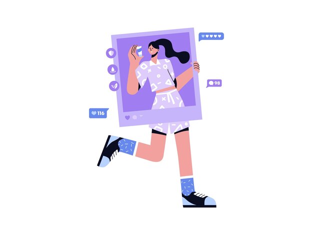 Mujer que respalda el producto en la publicación de Instagram ilustración vectorial plana dibujada a mano para las redes sociales
